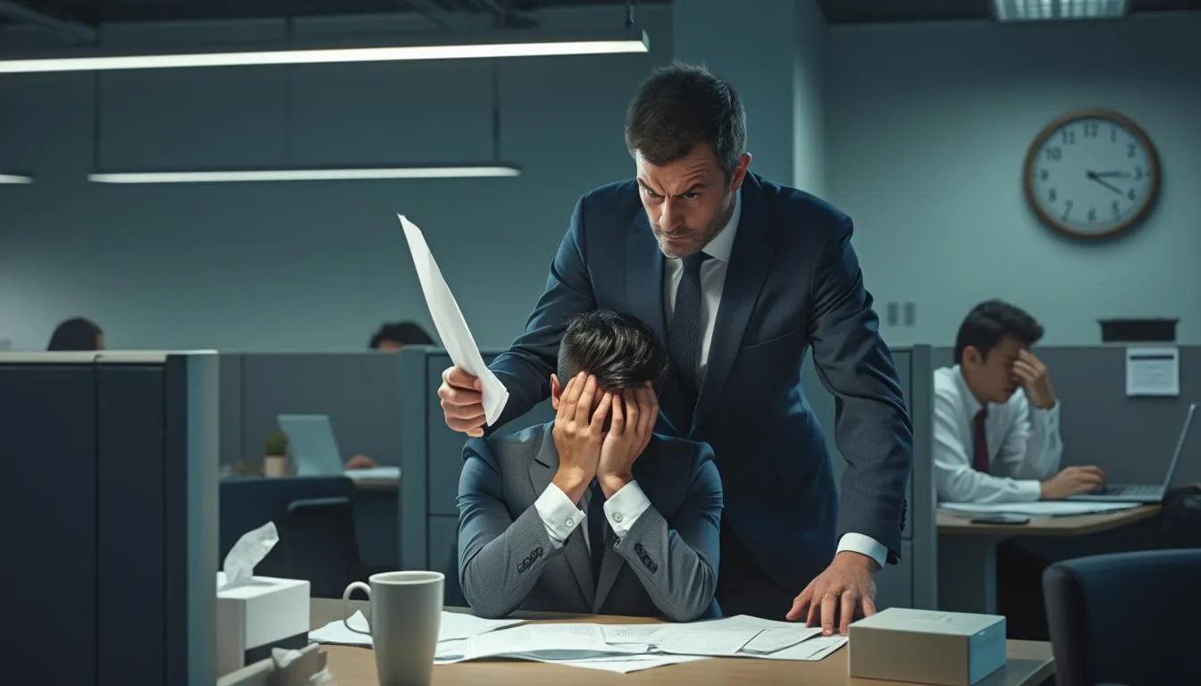Toxic management and bad bosses crisis visualization showing toxic leadership affecting 65% of workers in UK workplaces